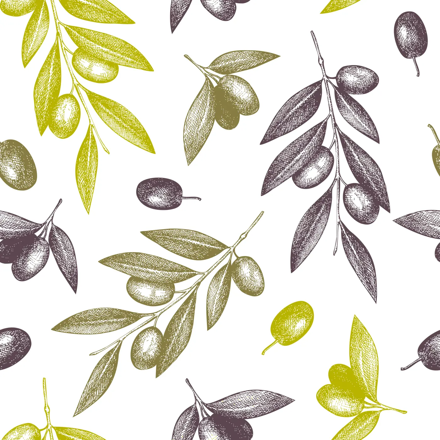 Olive seamless pattern. Healthy food background. Hand-drawn vector illustration. Olives branches, leaves and fruits sketches. Packaging, kitchen design. NOT AT generated Illustration
